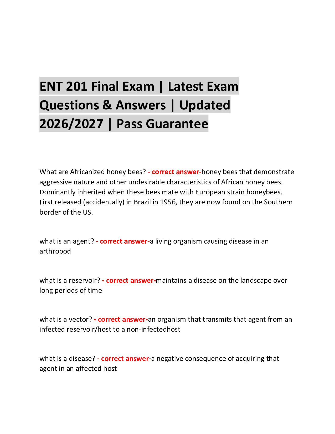 ENT 201 Final Exam | Latest Exam  Questions & Answers | Updated 2026/2027 | Pass Guarantee