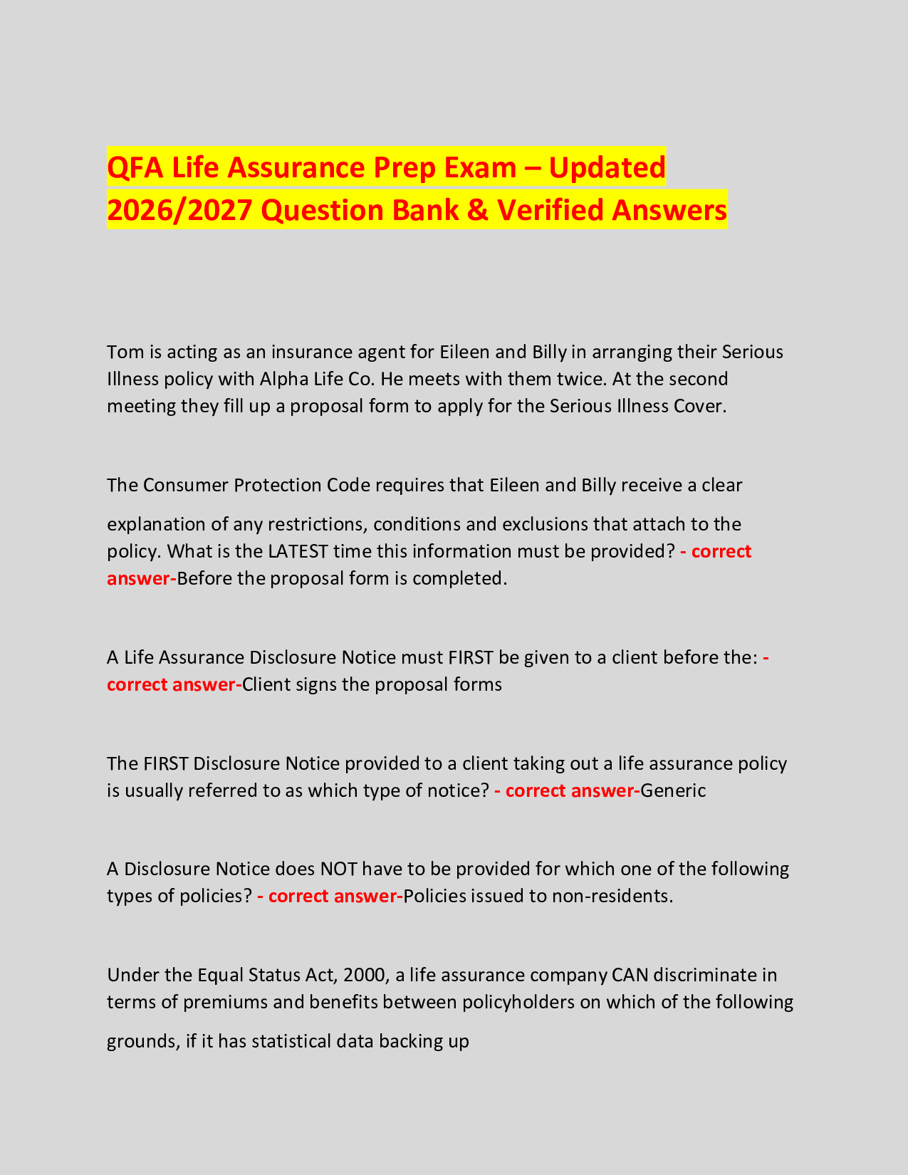 QFA Life Assurance Prep Exam – Updated  2026/2027 Question Bank & Verified Answers