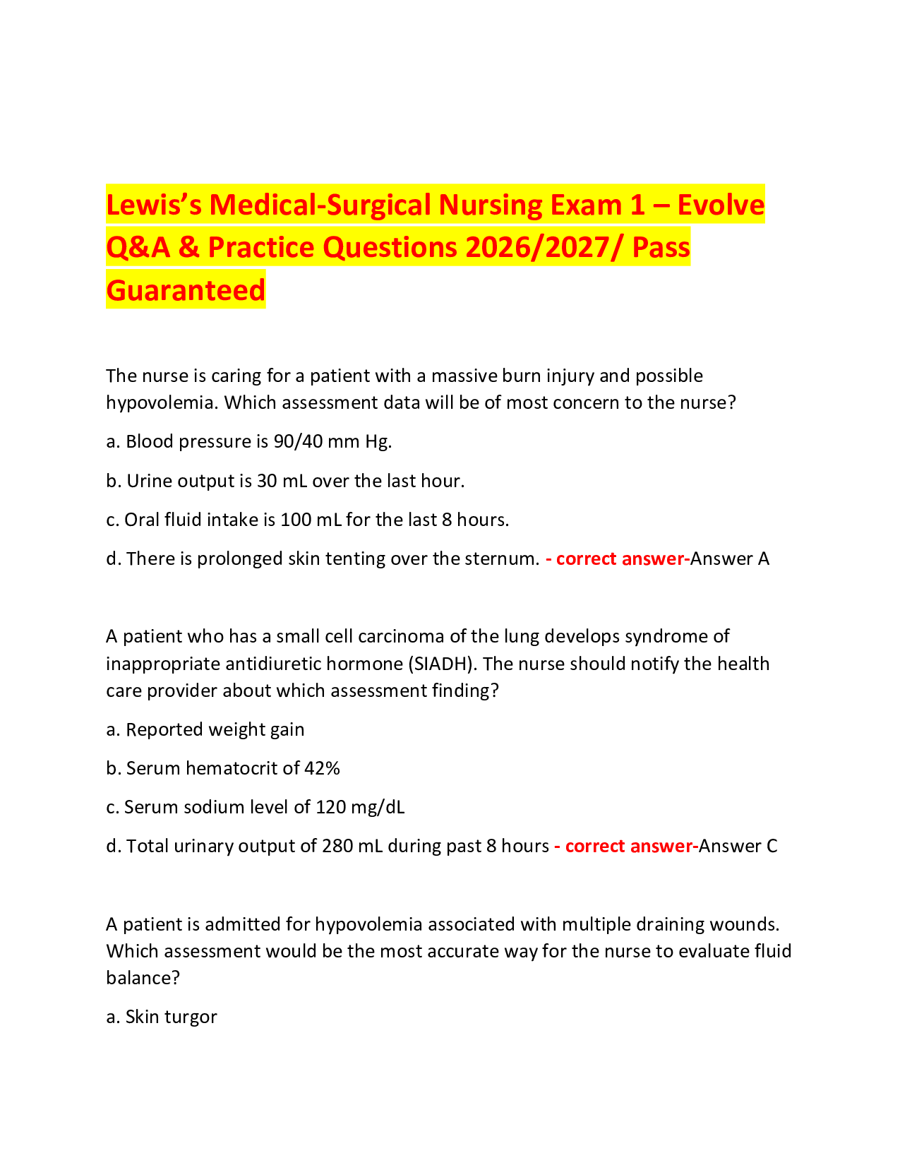 Lewis’s Medical-Surgical Nursing Exam 1 – Evolve  Q&A & Practice Questions 2026/2027/ Pass Guaranteed