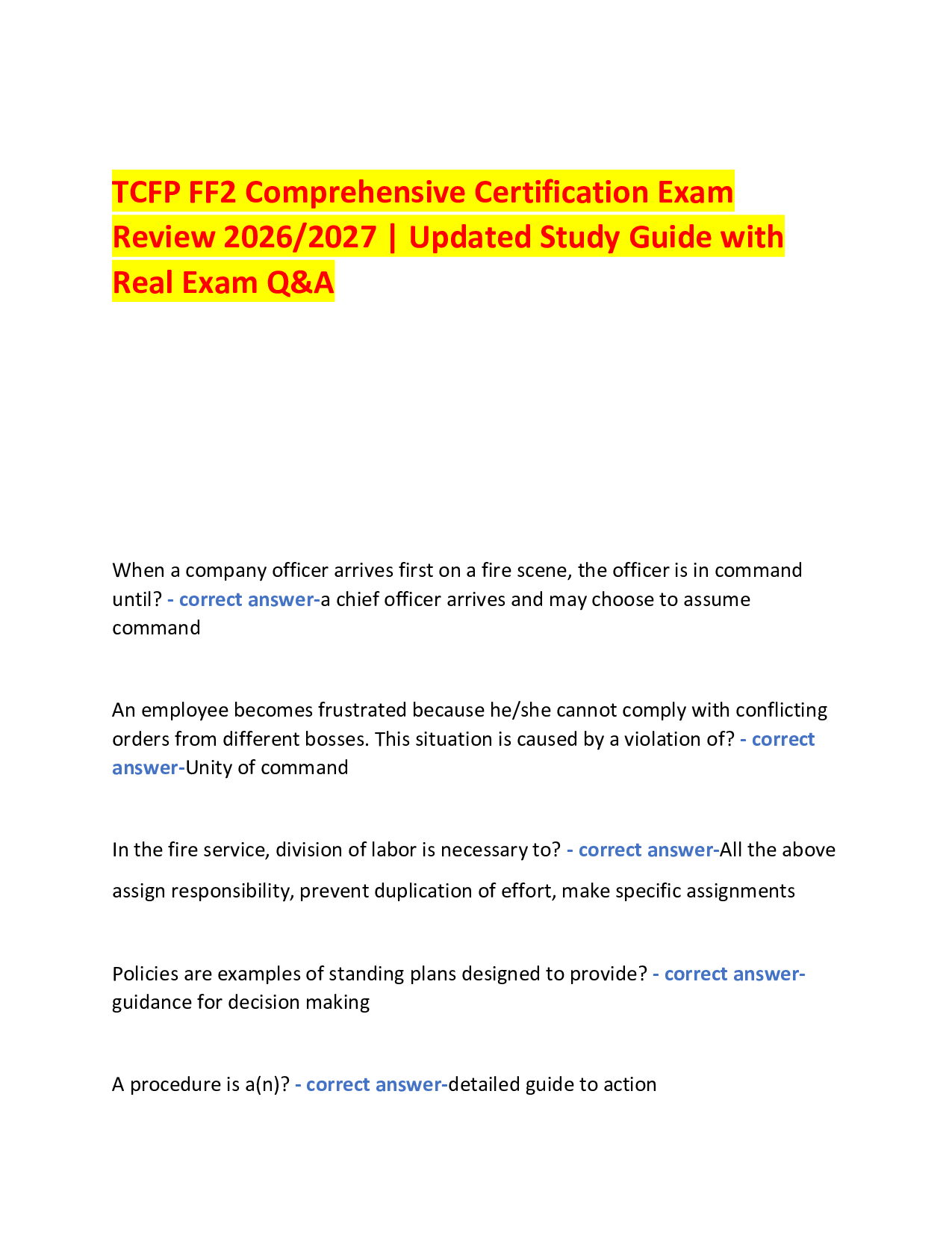 TCFP FF2 Comprehensive Certification Exam  Review 2026/2027 | Updated Study Guide with Real Exam Q&A
