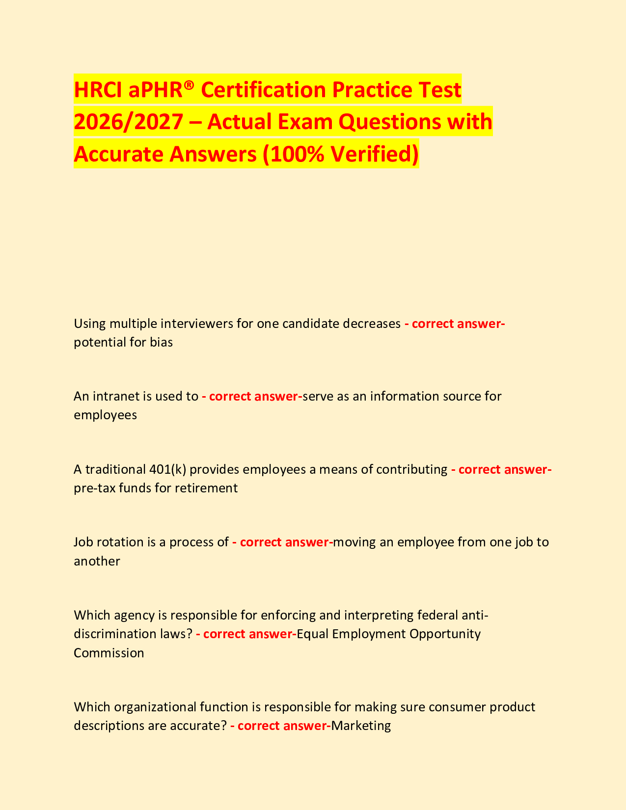 HRCI aPHR® Certification Practice Test  Study Review 2026/2027 – Actual Exam Questions with Accurate Answers (100% Verified)