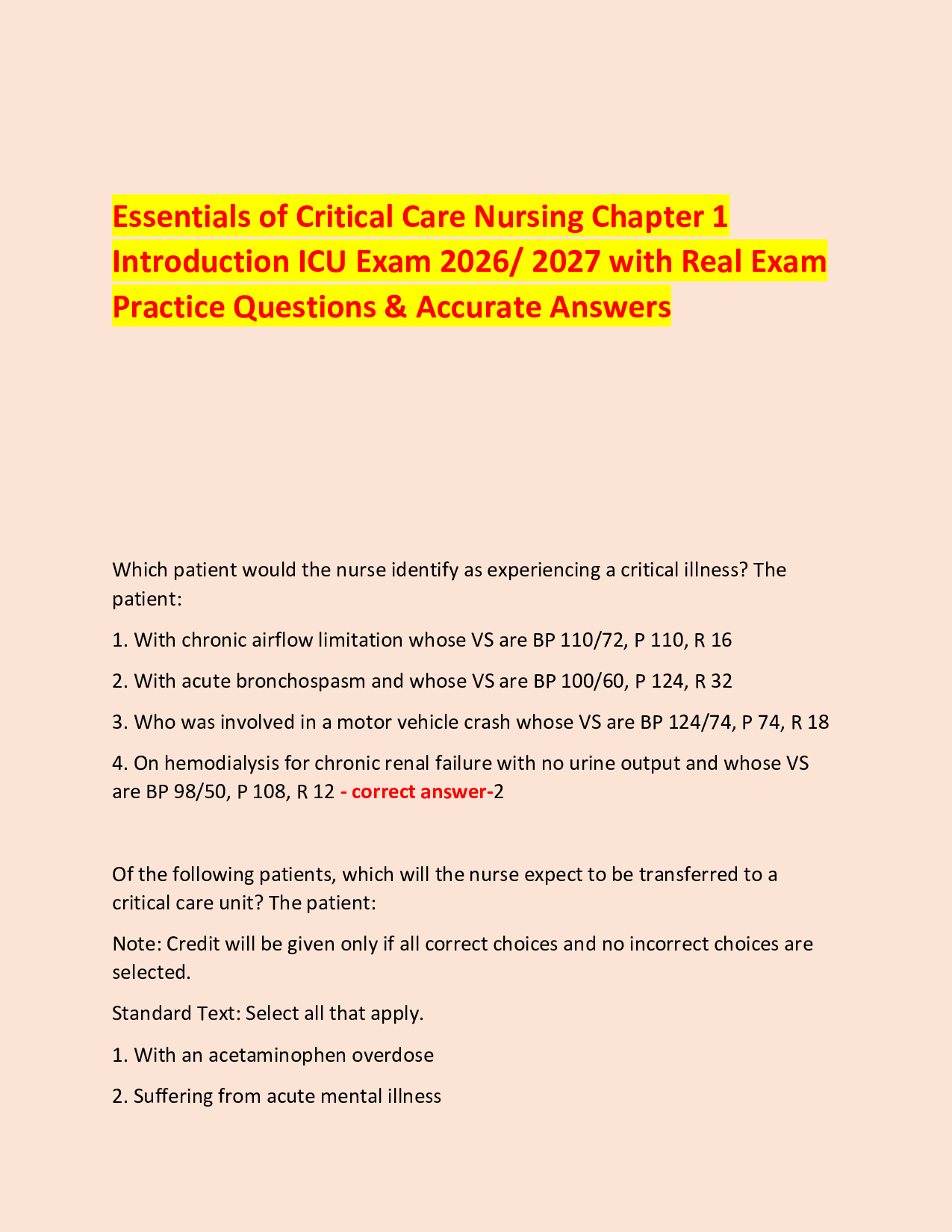 Essentials of Critical Care Nursing Chapter 1  Introduction ICU Exam 2026/ 2027 with Real Exam Practice Questions & Accurate Answers