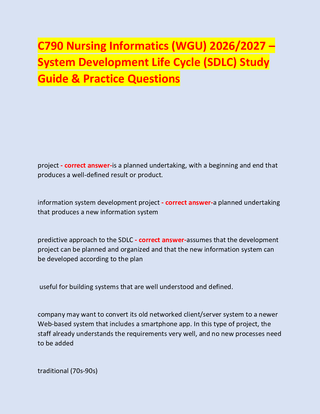 C790 Nursing Informatics (WGU) 2026/2027 –  System Development Life Cycle (SDLC) Study Guide & Practice Questions