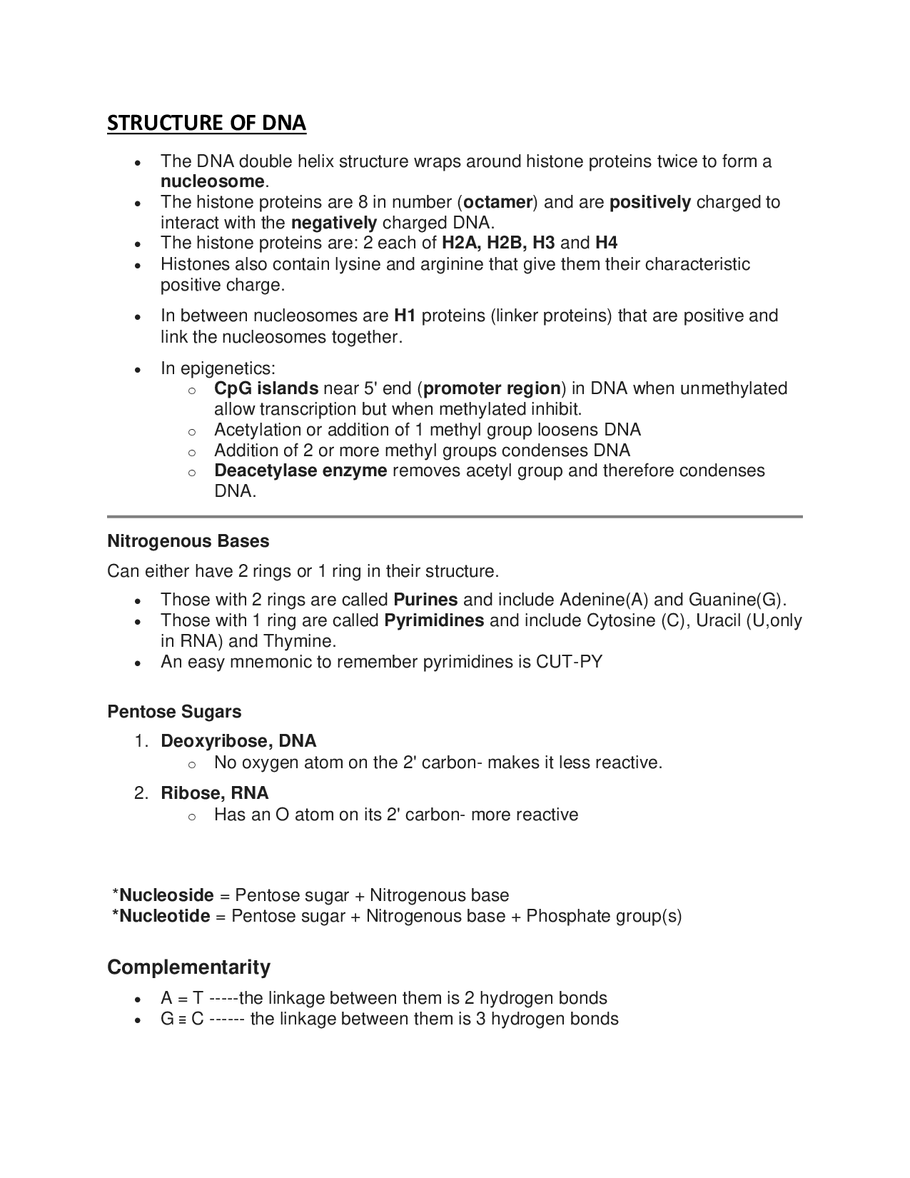 Exam-focused summary on the structure of DNA and RNA.