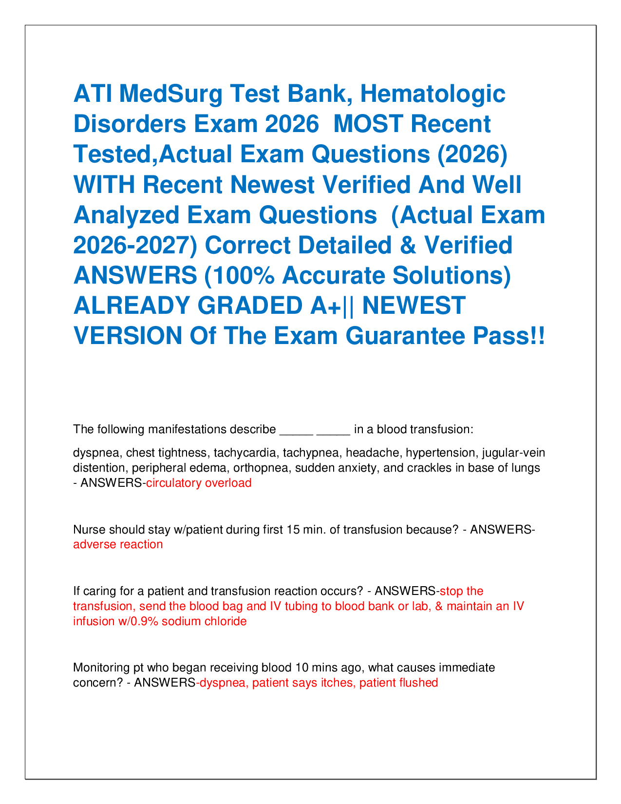 ATI MedSurg Test Bank, Hematologic  Disorders