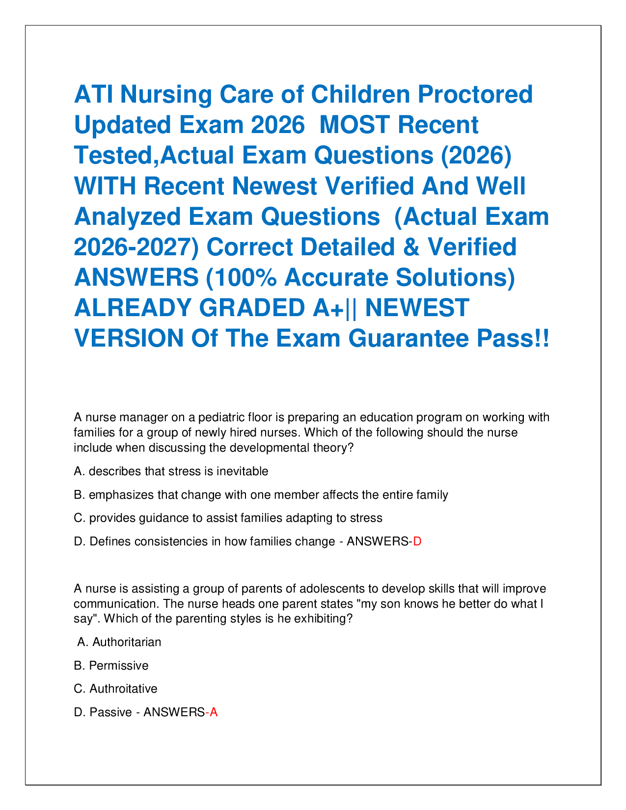ATI Nursing Care of Children Proctored  Updated Exam 2026