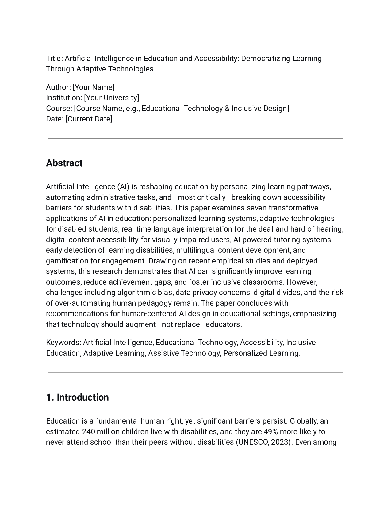 Title: Artificial Intelligence in Education and Accessibility: Democratizing Learning Through Adaptive Technologies