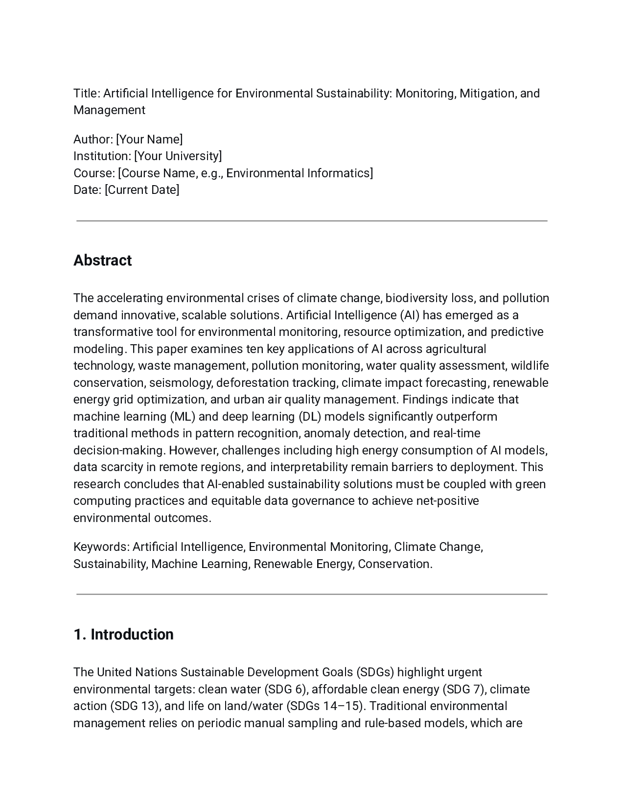Title: Artificial Intelligence for Environmental Sustainability: Monitoring, Mitigation, and Management