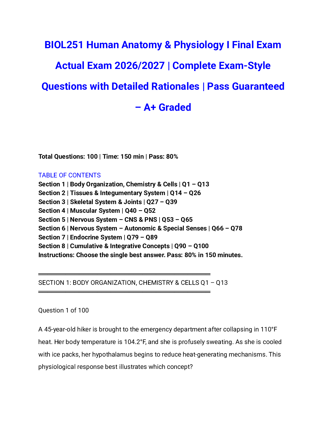 BIOL251 Human Anatomy & Physiology I Final Exam Actual Exam 2026/2027 | Complete Exam-Style Questions with Detailed Rationales | Pass Guaranteed – A+ Graded