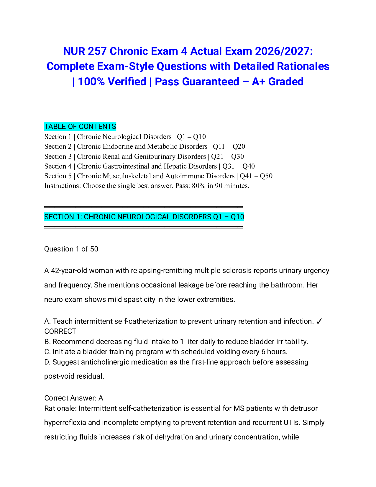 NUR 257 Chronic Exam 4 Actual Exam 2026/2027: Complete Exam-Style Questions with Detailed Rationales | 100% Verified | Pass Guaranteed – A+ Graded