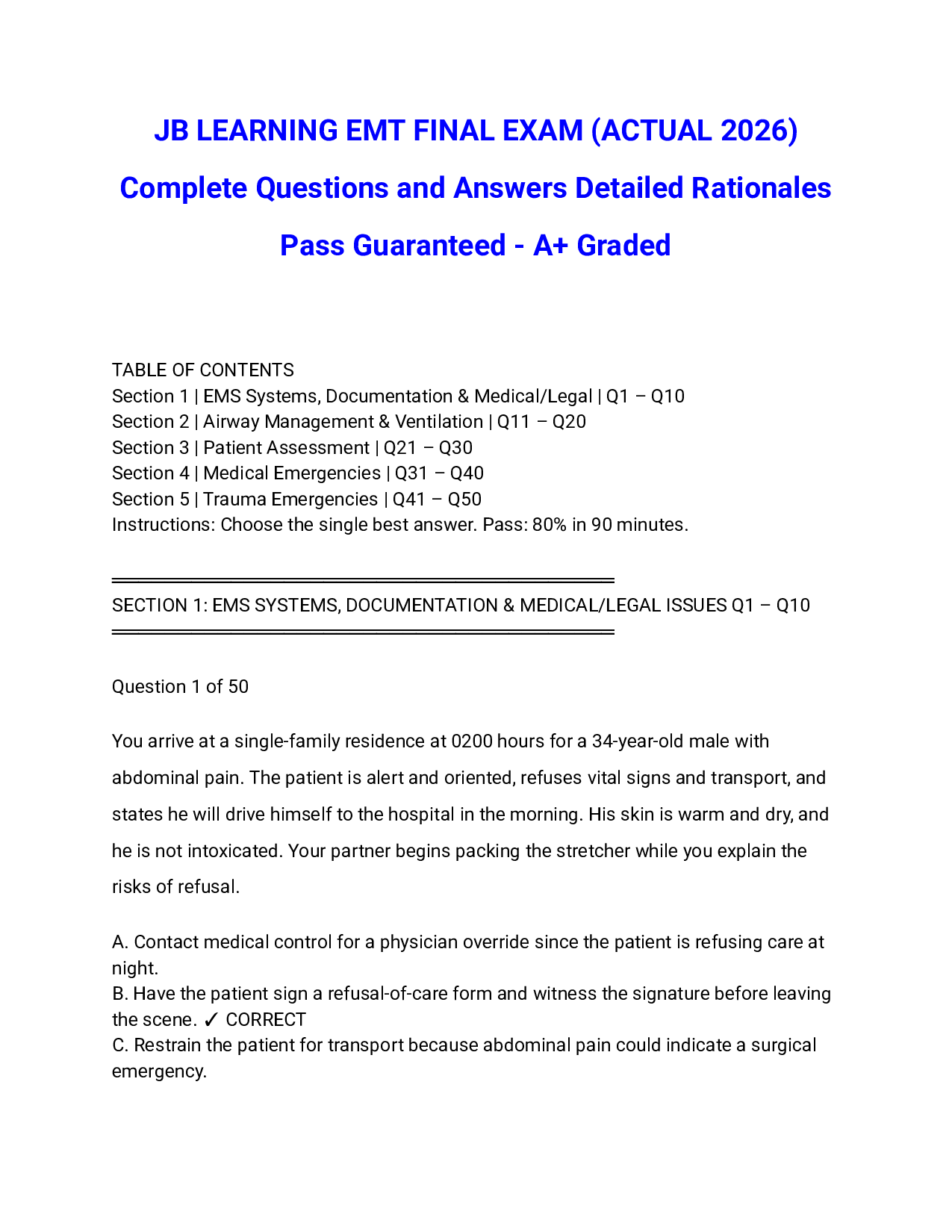 JB LEARNING EMT FINAL EXAM (ACTUAL 2026) Complete Questions and Answers Detailed Rationales Pass Guaranteed - A+ Graded
