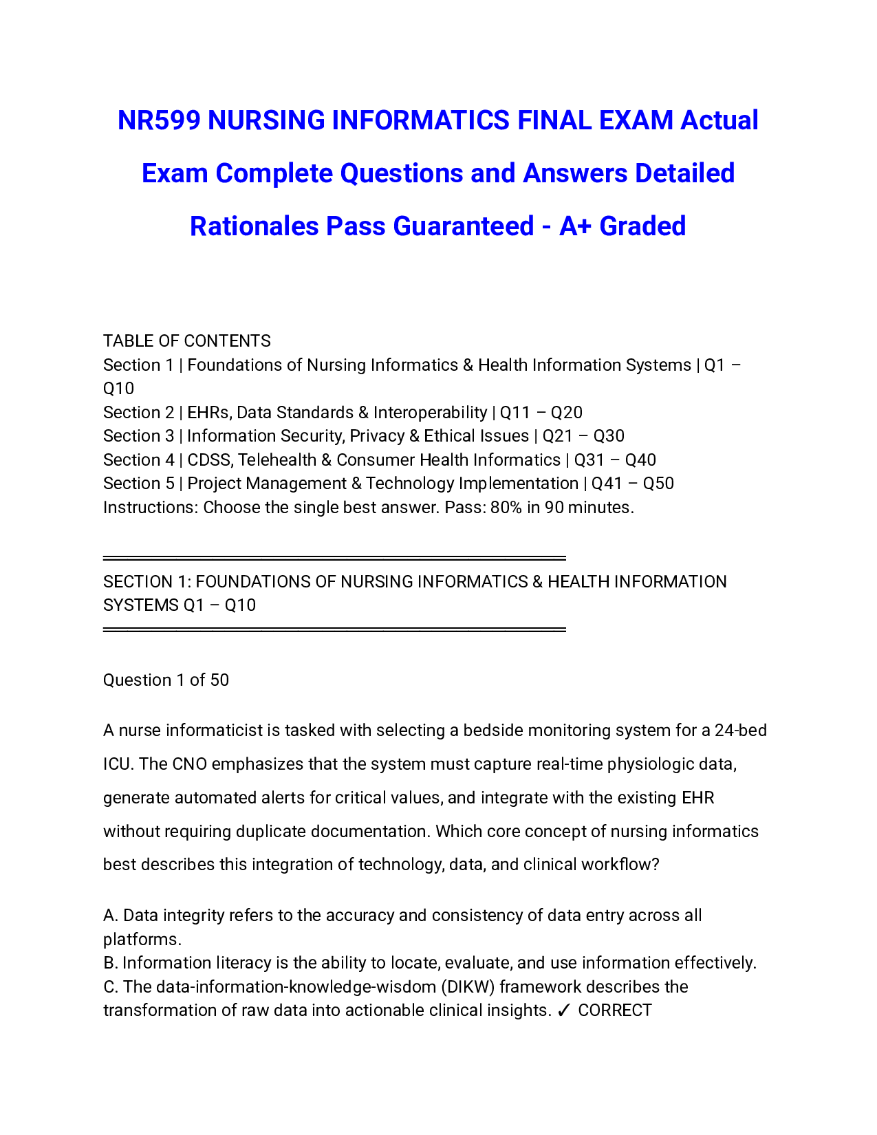NR599 NURSING INFORMATICS FINAL EXAM Actual Exam Complete Questions and Answers Detailed Rationales Pass Guaranteed - A+ Graded