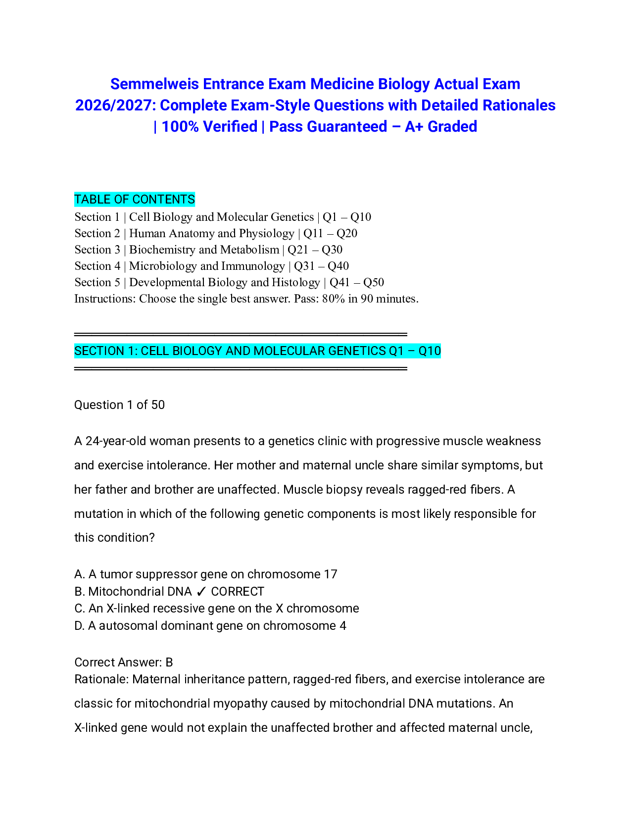 Semmelweis Entrance Exam Medicine Biology Actual Exam 2026/2027: Complete Exam-Style Questions with Detailed Rationales | 100% Verified | Pass Guaranteed – A+ Graded