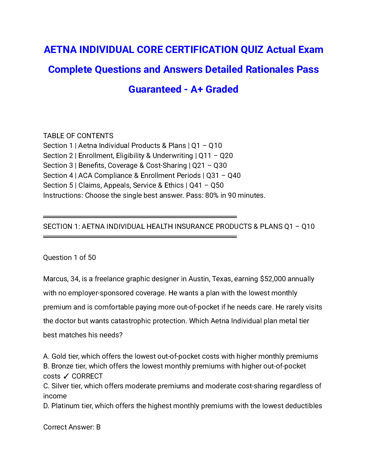 AETNA INDIVIDUAL CORE CERTIFICATION QUIZ Actual Exam Complete Questions and Answers Detailed Rationales Pass Guaranteed - A+ Graded