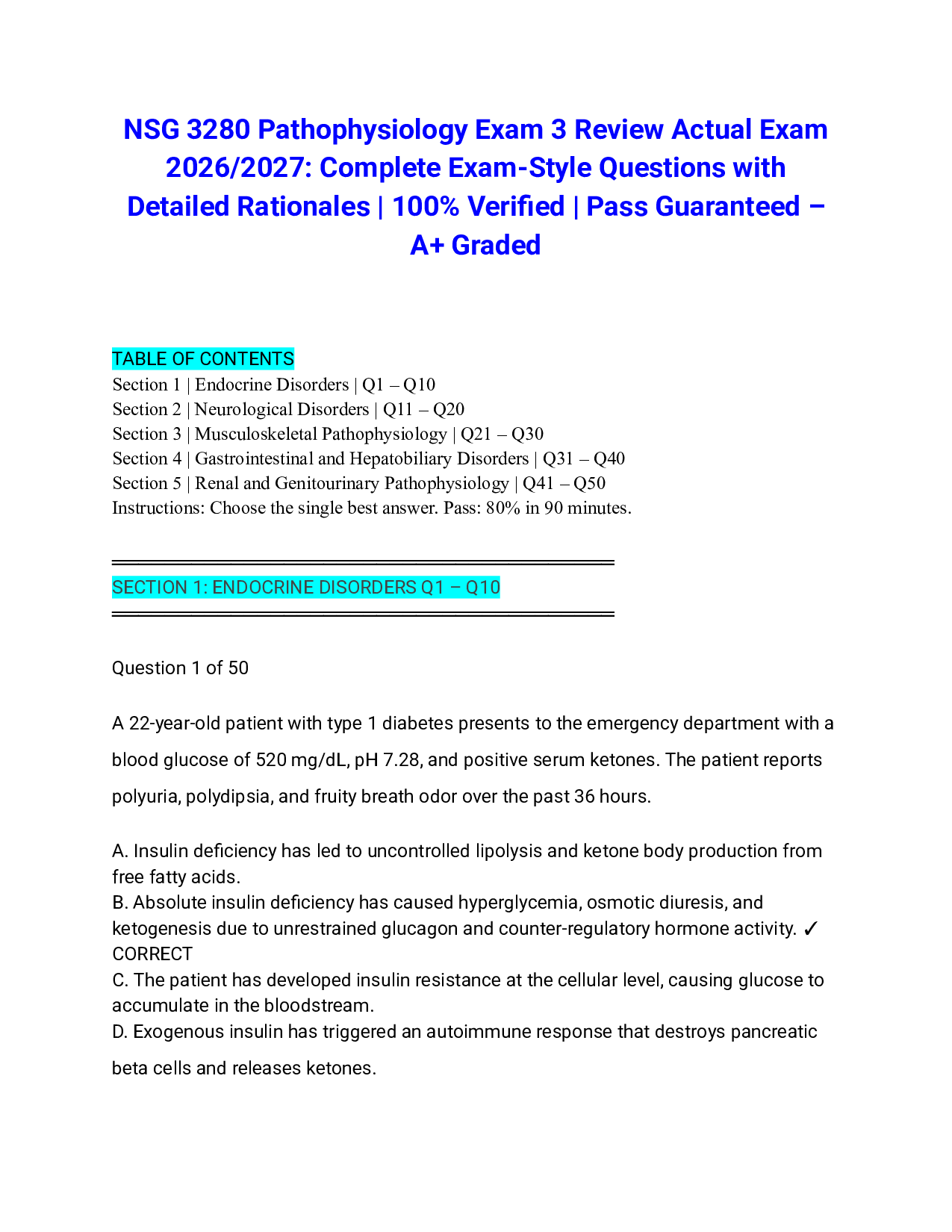 NSG 3280 Pathophysiology Exam 3 Review Actual Exam 2026/2027: Complete Exam-Style Questions with Detailed Rationales | 100% Verified | Pass Guaranteed – A+ Graded