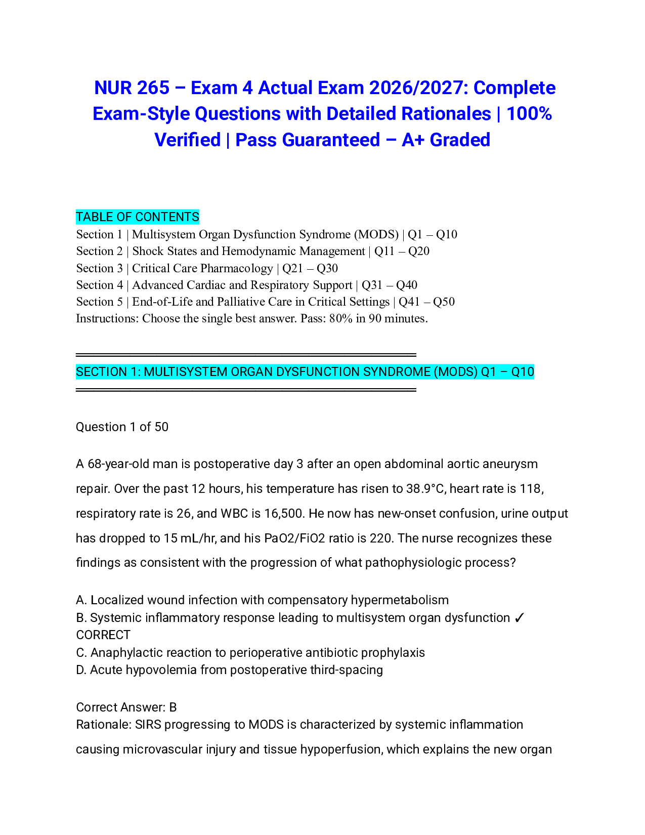 NUR 265 – Exam 4 Actual Exam 2026/2027: Complete Exam-Style Questions with Detailed Rationales | 100% Verified | Pass Guaranteed – A+ Graded