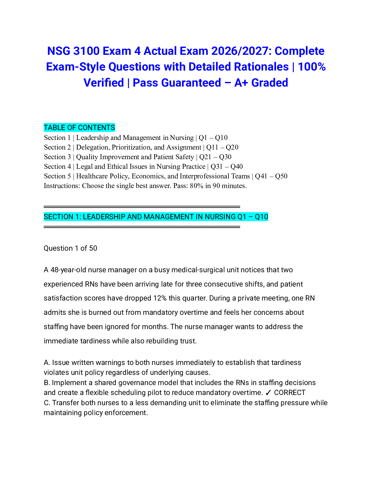 NSG 3100 Exam 4 Actual Exam 2026/2027: Complete Exam-Style Questions with Detailed Rationales | 100% Verified | Pass Guaranteed – A+ Graded