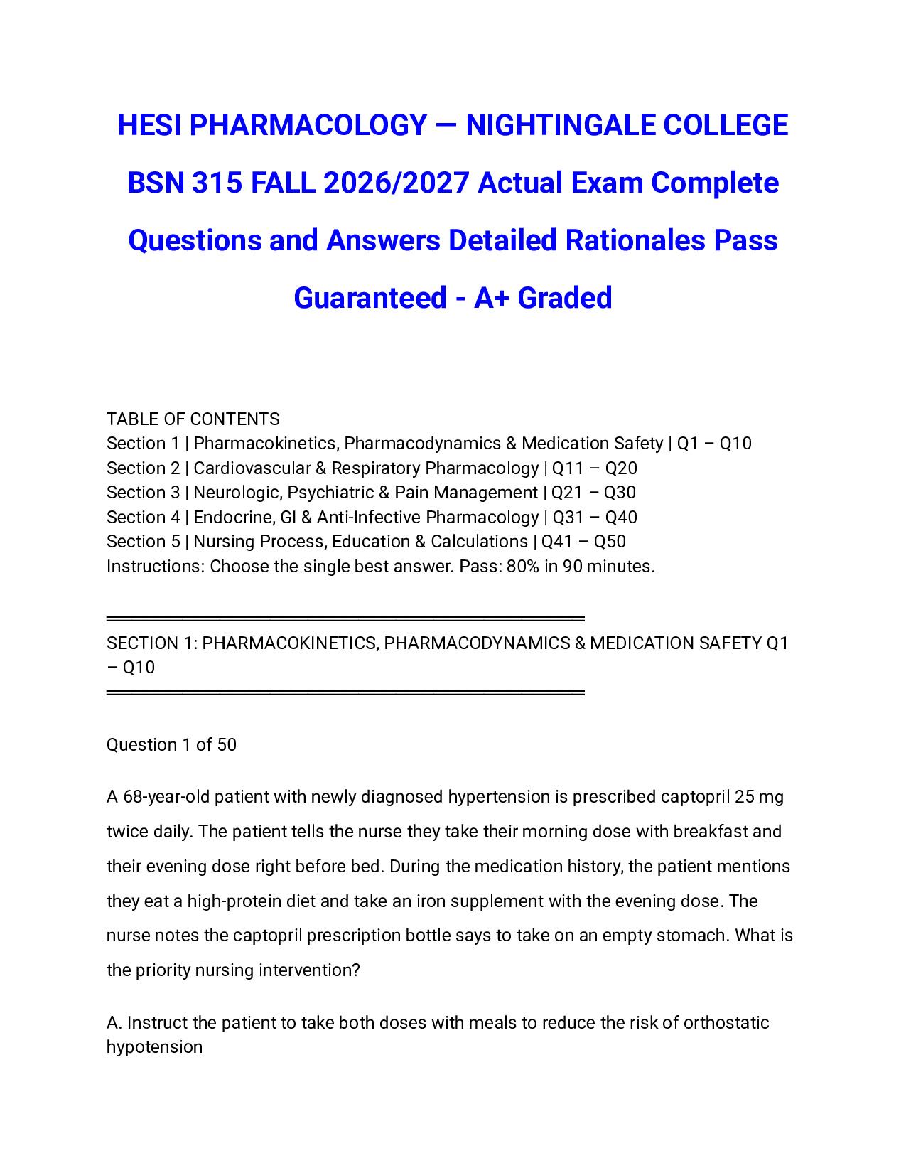 HESI PHARMACOLOGY — NIGHTINGALE COLLEGE BSN 315 FALL 2026/2027 Actual Exam Complete Questions and Answers Detailed Rationales Pass Guaranteed - A+ Graded