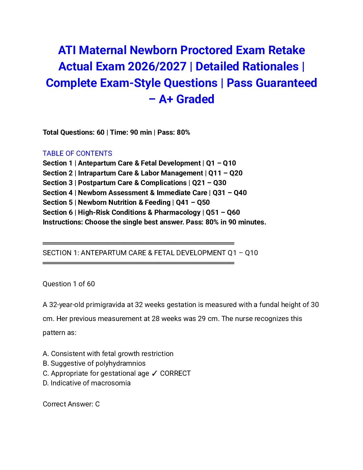ATI Maternal Newborn Proctored Exam Retake Actual Exam 2026/2027 | Detailed Rationales | Complete Exam-Style Questions | Pass Guaranteed – A+ Graded