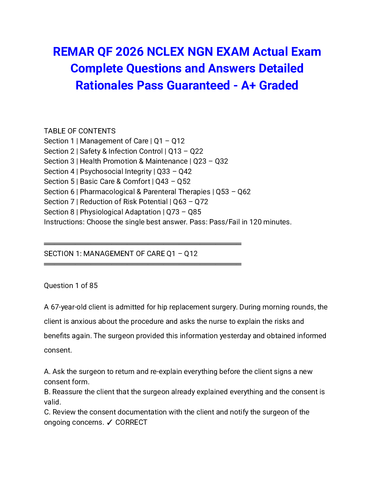 REMAR QF 2026 NCLEX NGN EXAM Actual Exam Complete Questions and Answers Detailed Rationales Pass Guaranteed - A+ Graded