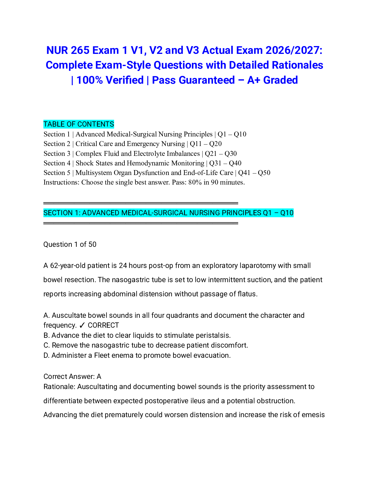 NUR 265 Exam 1 V1, V2 and V3 Actual Exam 2026/2027: Complete Exam-Style Questions with Detailed Rationales | 100% Verified | Pass Guaranteed – A+ Graded