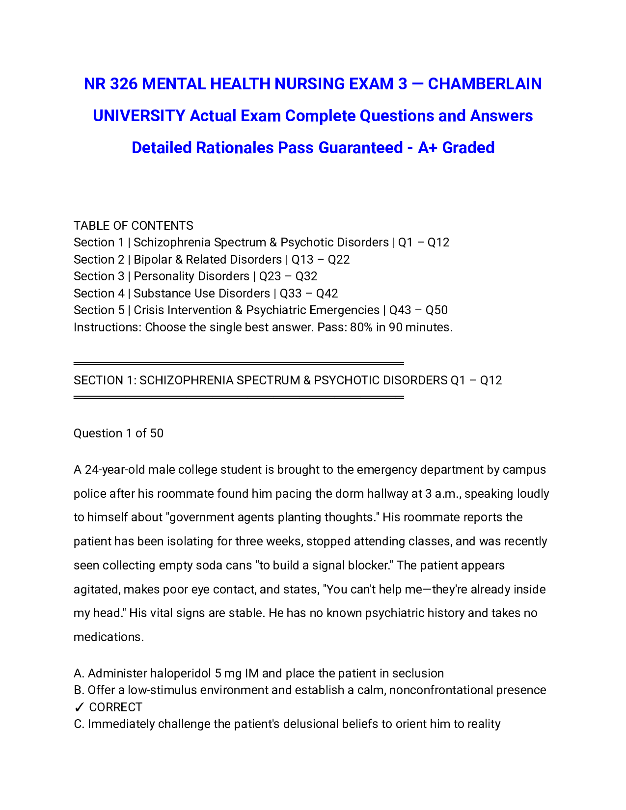 NR 326 MENTAL HEALTH NURSING EXAM 3 — CHAMBERLAIN UNIVERSITY Actual Exam Complete Questions and Answers Detailed Rationales Pass Guaranteed - A+ Graded