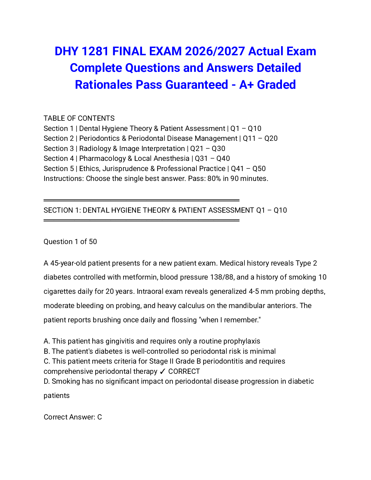 DHY 1281 FINAL EXAM 2026/2027 Actual Exam Complete Questions and Answers Detailed Rationales Pass Guaranteed - A+ Graded