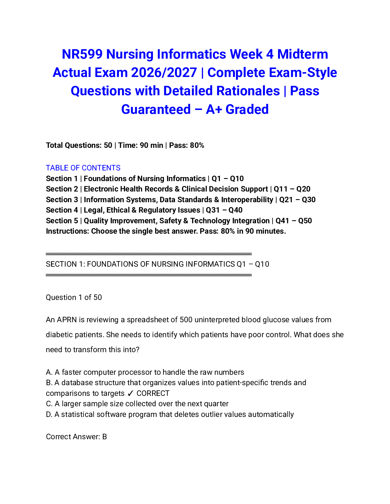 NR599 Nursing Informatics Week 4 Midterm Actual Exam 2026/2027 | Complete Exam-Style Questions with Detailed Rationales | Pass Guaranteed – A+ Graded