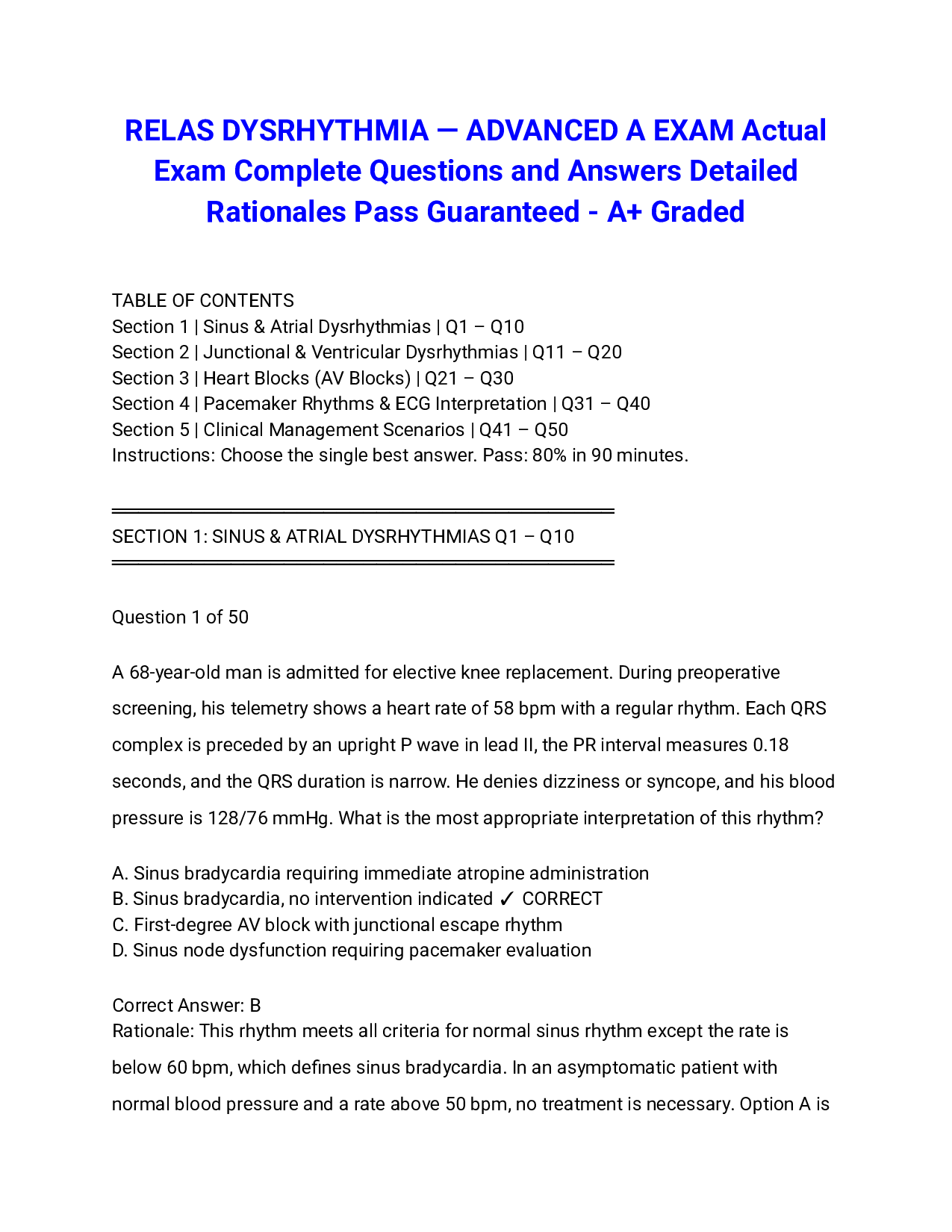 RELAS DYSRHYTHMIA — ADVANCED A EXAM Actual Exam Complete Questions and Answers Detailed Rationales Pass Guaranteed - A+ Graded