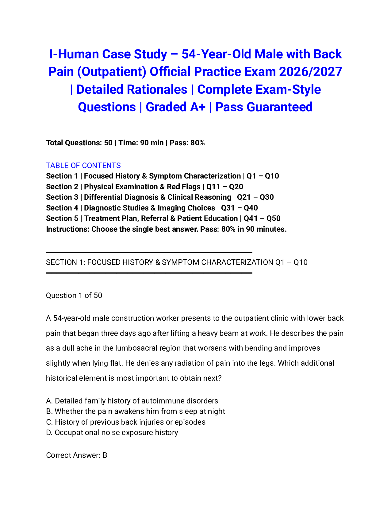 I-Human Case Study – 54-Year-Old Male with Back Pain (Outpatient) Official Practice Exam 2026/2027 | Detailed Rationales | Complete Exam-Style Questions | Graded A+ | Pass Guaranteed