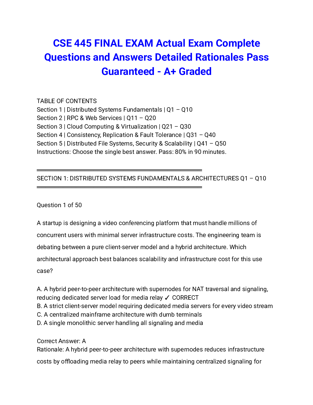 CSE 445 FINAL EXAM Actual Exam Complete Questions and Answers Detailed Rationales Pass Guaranteed - A+ Graded