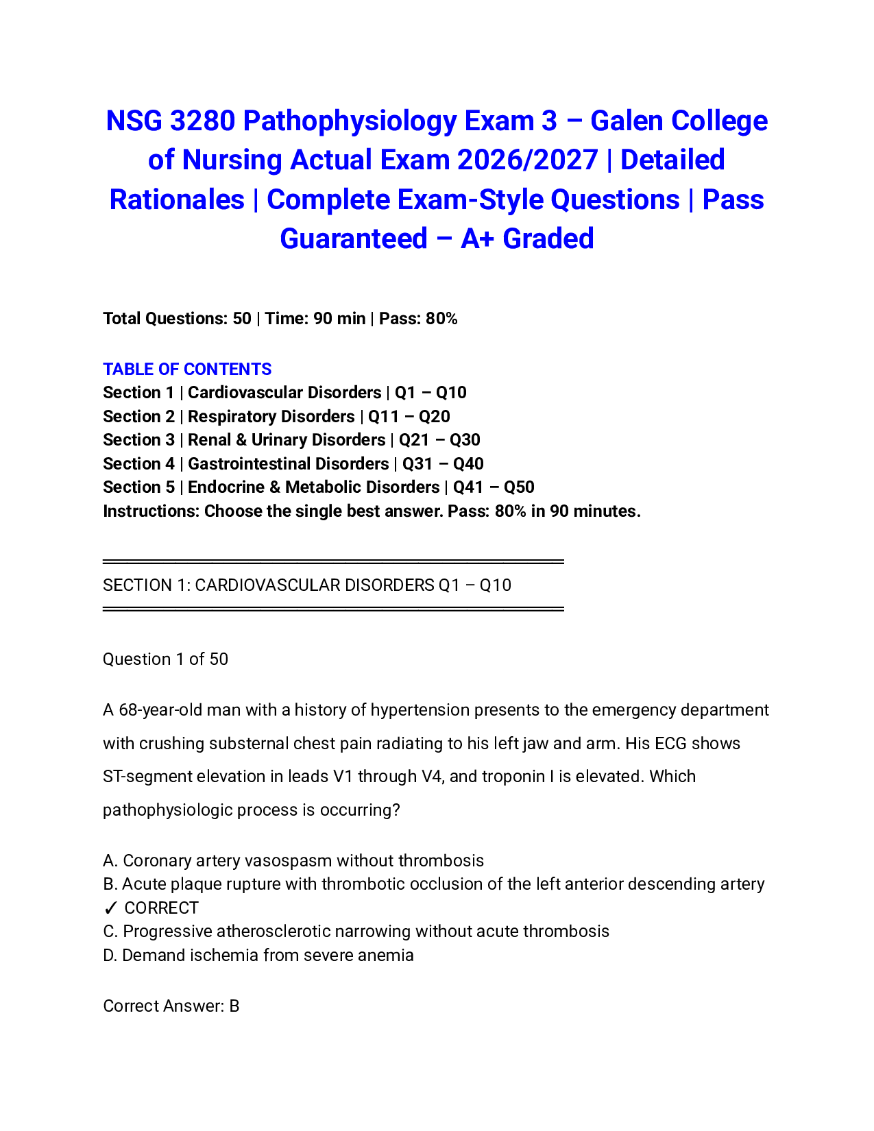 NSG 3280 Pathophysiology Exam 3 – Galen College of Nursing Actual Exam 2026/2027 | Detailed Rationales | Complete Exam-Style Questions | Pass Guaranteed – A+ Graded