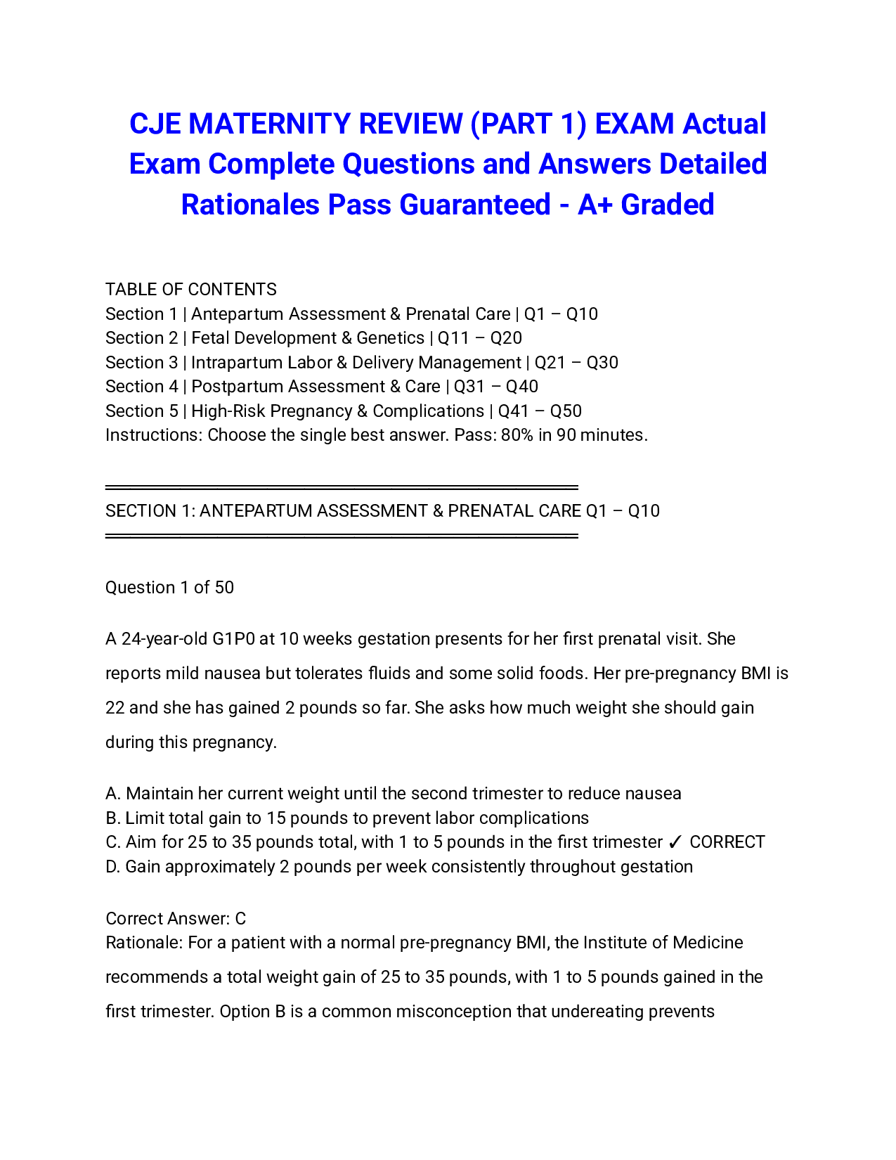 CJE MATERNITY REVIEW (PART 1) EXAM Actual Exam Complete Questions and Answers Detailed Rationales Pass Guaranteed - A+ Graded