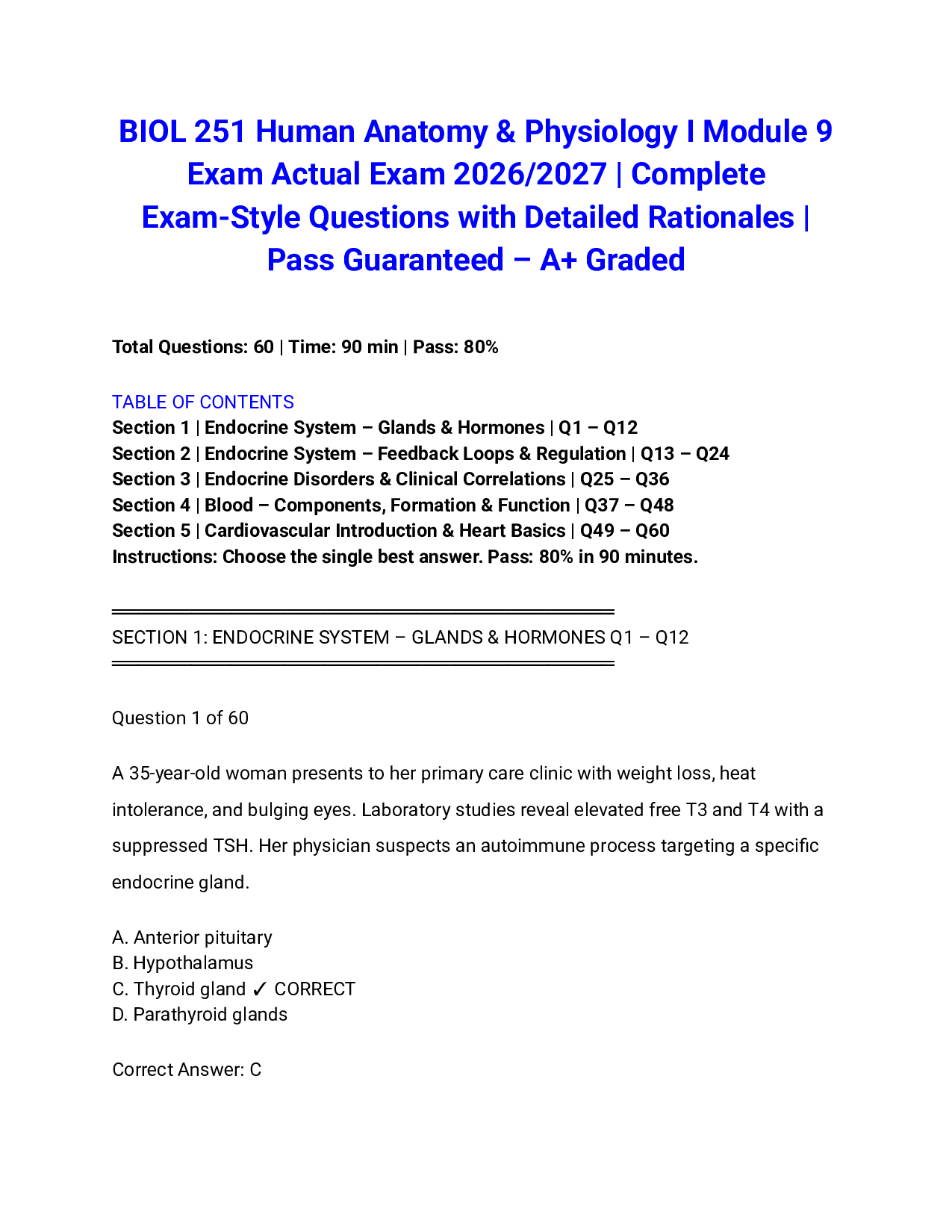 BIOL 251 Human Anatomy & Physiology I Module 9 Exam Actual Exam 2026/2027 | Complete Exam-Style Questions with Detailed Rationales | Pass Guaranteed – A+ Graded