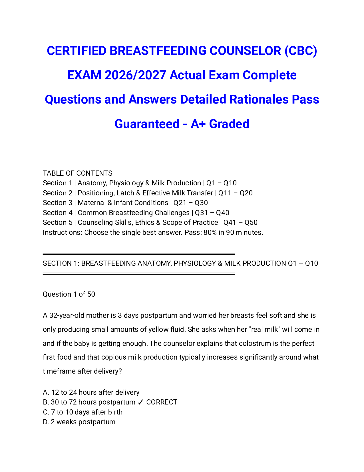 CERTIFIED BREASTFEEDING COUNSELOR (CBC) EXAM 2026/27 Actual Exam Complete Questions and Answers Detailed Rationales Pass Guaranteed - A+ Graded