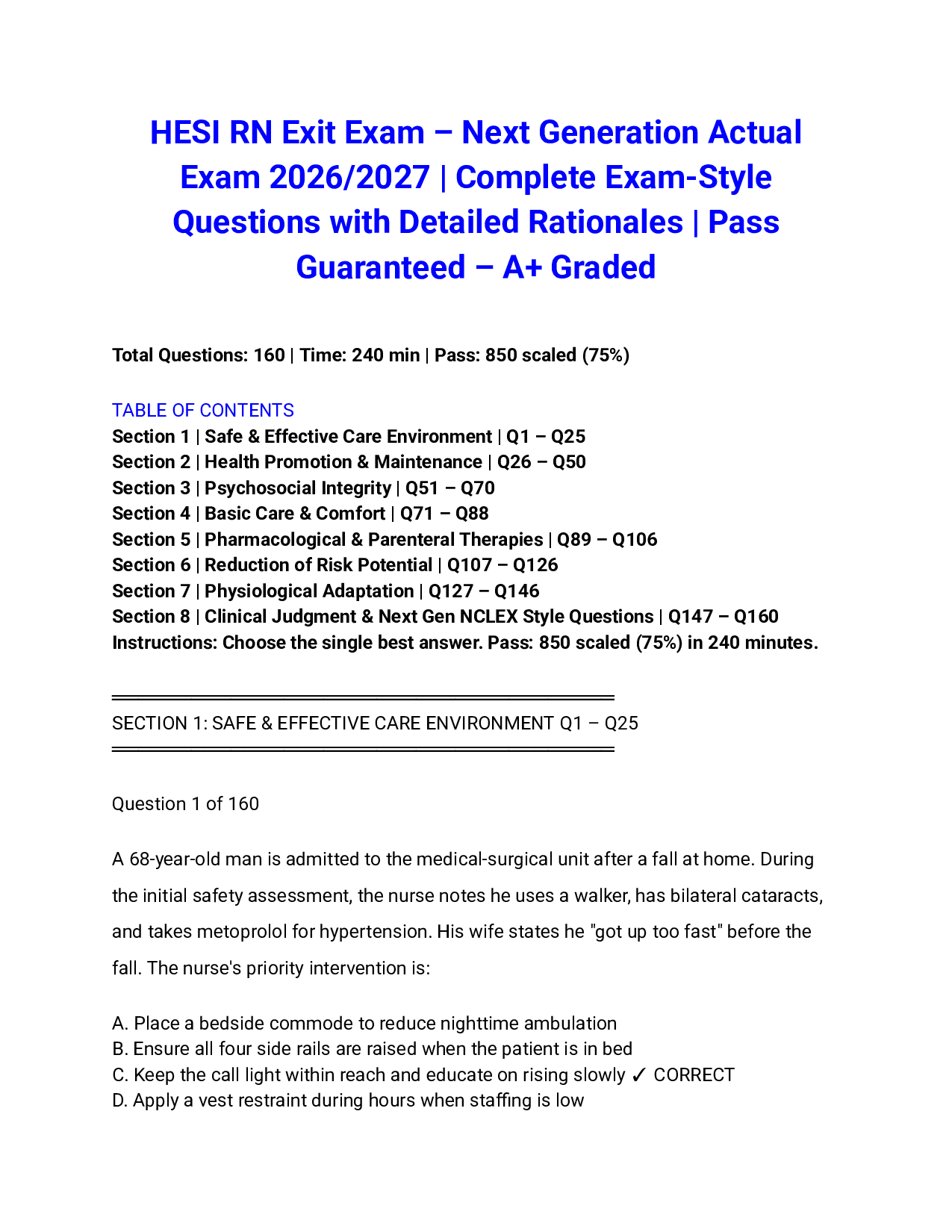 HESI RN Exit Exam – Next Generation Actual Exam 2026/2027 | Complete Exam-Style Questions with Detailed Rationales | Pass Guaranteed – A+ Graded