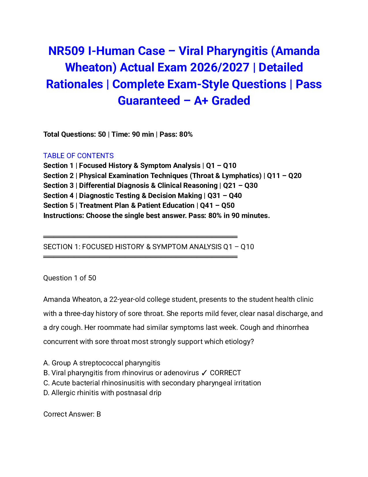 NR509 I-Human Case – Viral Pharyngitis (Amanda Wheaton) Actual Exam 2026/2027 | Detailed Rationales | Complete Exam-Style Questions | Pass Guaranteed – A+ Graded