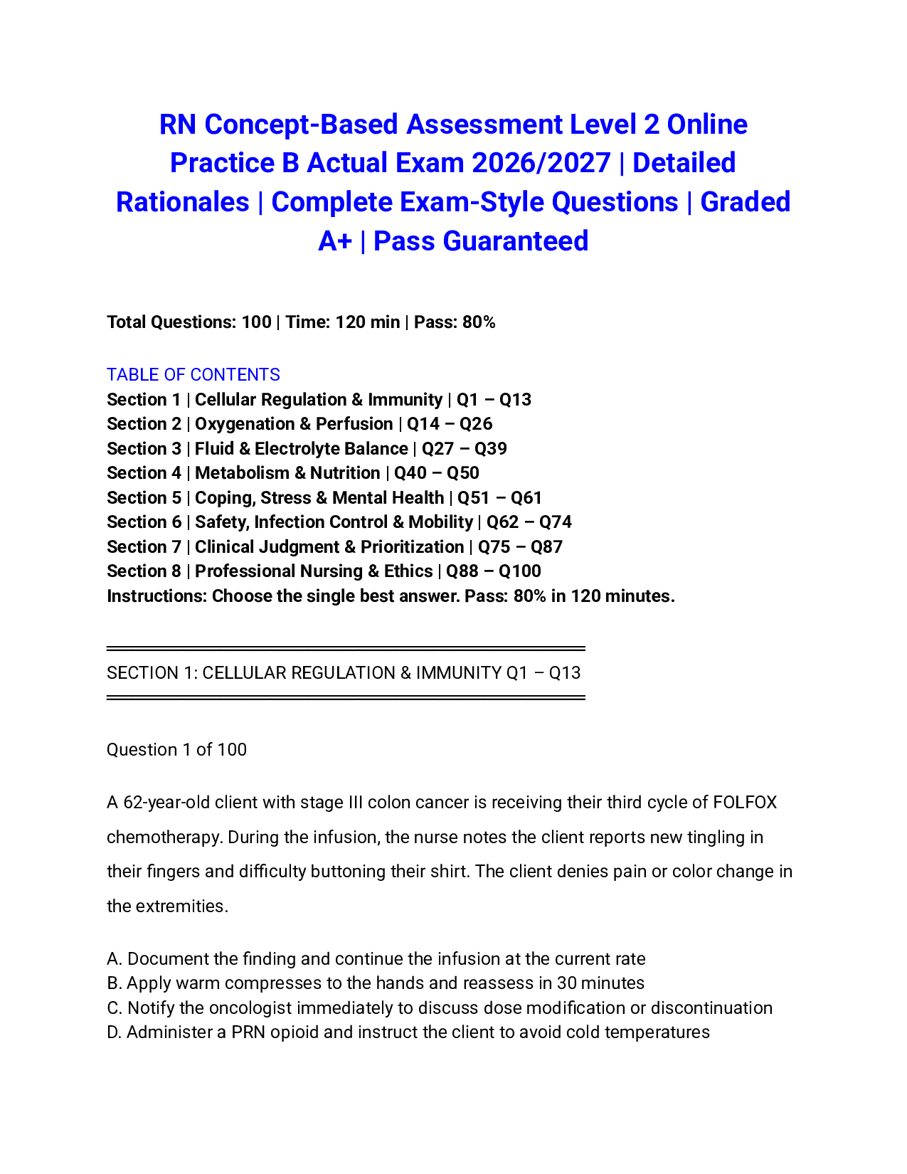 RN Concept-Based Assessment Level 2 Online Practice B Actual Exam 2026/2027 | Detailed Rationales | Complete Exam-Style Questions | Graded A+ | Pass Guaranteed