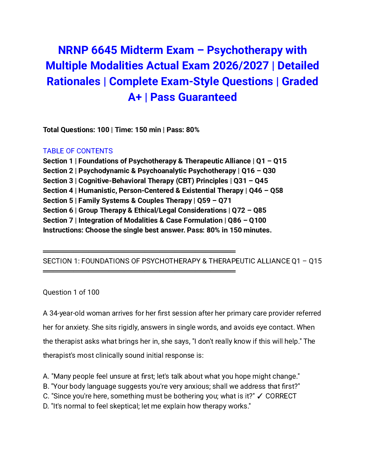 NRNP 6645 Midterm Exam – Psychotherapy with Multiple Modalities Actual Exam 2026/2027 | Detailed Rationales | Complete Exam-Style Questions | Graded A+ | Pass Guaranteed