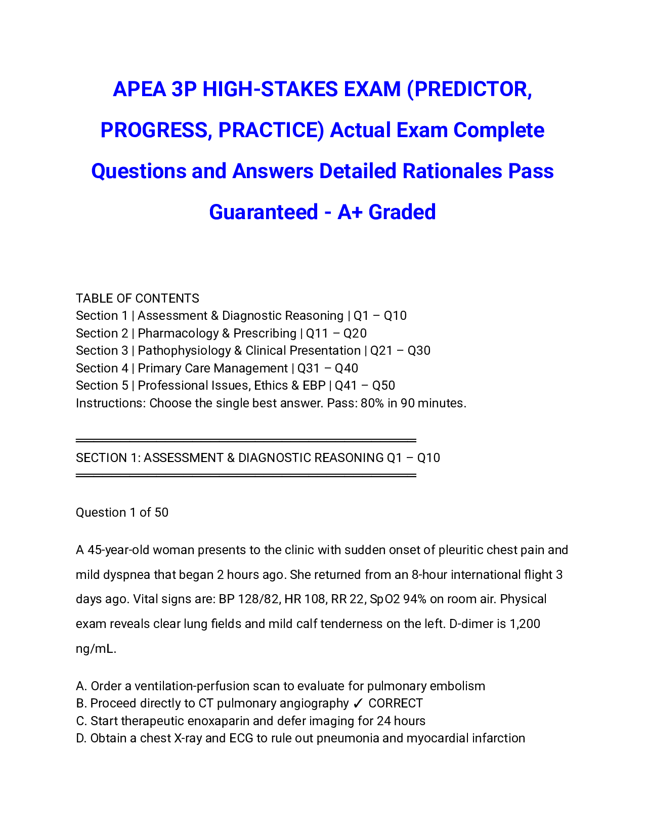 APEA 3P HIGH-STAKES EXAM (PREDICTOR, PROGRESS, PRACTICE) Actual Exam Complete Questions and Answers Detailed Rationales Pass Guaranteed - A+ Graded