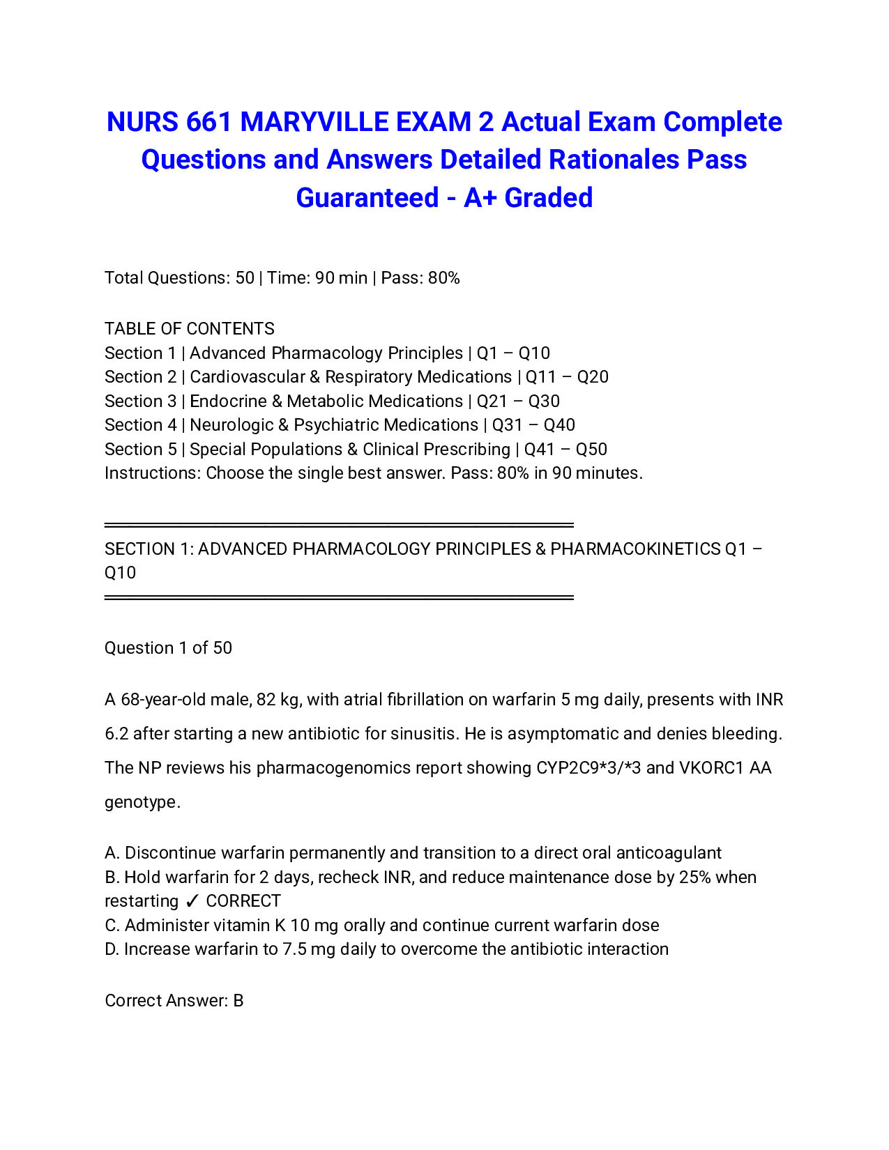 NURS 661 MARYVILLE EXAM 2 Actual Exam Complete Questions and Answers Detailed Rationales Pass Guaranteed - A+ Graded