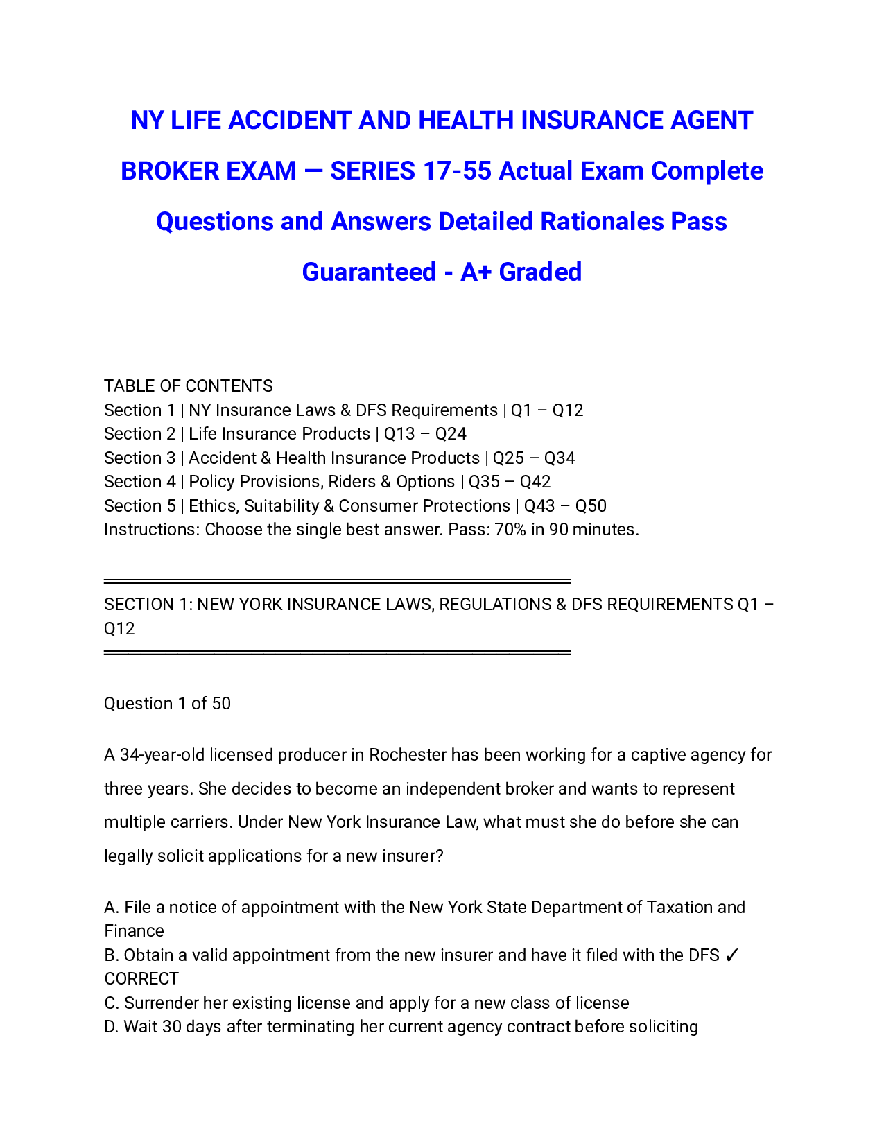 NY LIFE ACCIDENT AND HEALTH INSURANCE AGENT BROKER EXAM — SERIES 17-55 Actual Exam Complete Questions and Answers Detailed Rationales Pass Guaranteed - A+ Graded