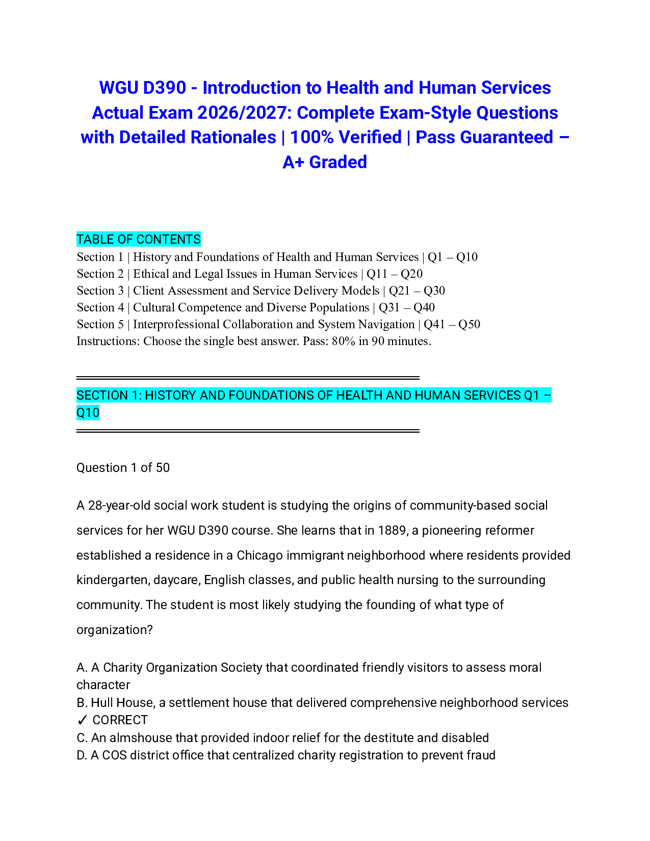 WGU D390 - Introduction to Health and Human Services Actual Exam 2026/2027: Complete Exam-Style Questions with Detailed Rationales | 100% Verified | Pass Guaranteed – A+ Graded