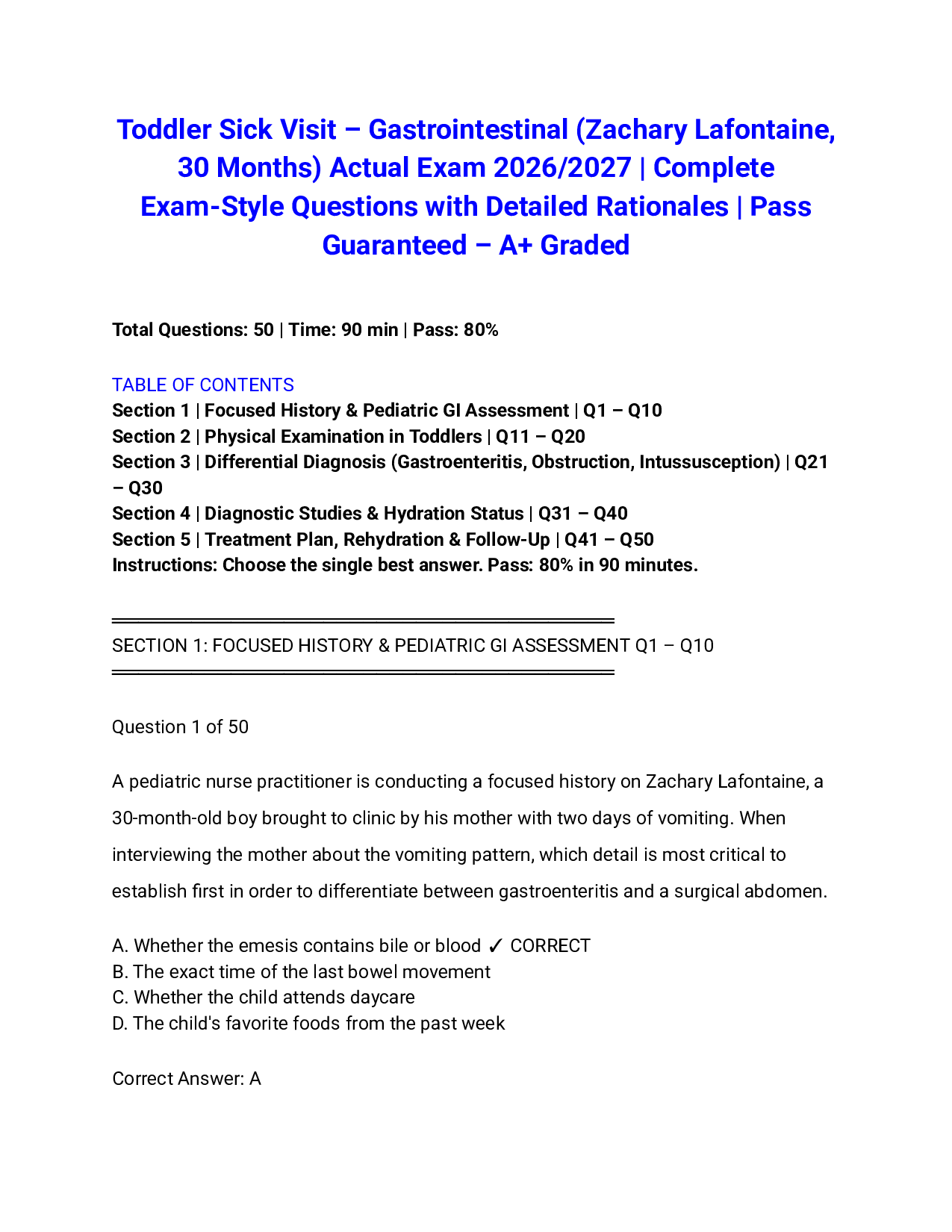 Toddler Sick Visit – Gastrointestinal (Zachary Lafontaine, 30 Months) Actual Exam 2026/2027 | Complete Exam-Style Questions with Detailed Rationales | Pass Guaranteed – A+ Graded