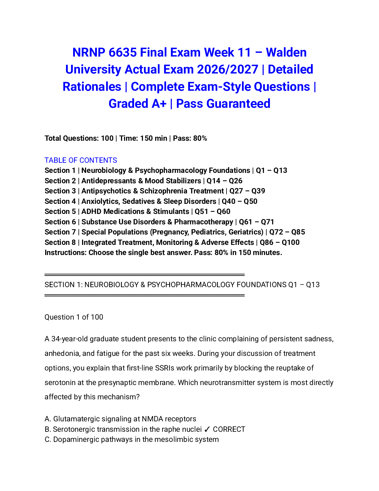 NRNP 6635 Final Exam Week 11 – Walden University Actual Exam 2026/2027 | Detailed Rationales | Complete Exam-Style Questions | Graded A+ | Pass Guaranteed