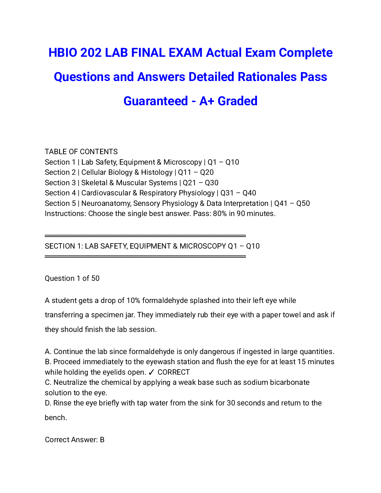 HBIO 202 LAB FINAL EXAM Actual Exam Complete Questions and Answers Detailed Rationales Pass Guaranteed - A+ Graded