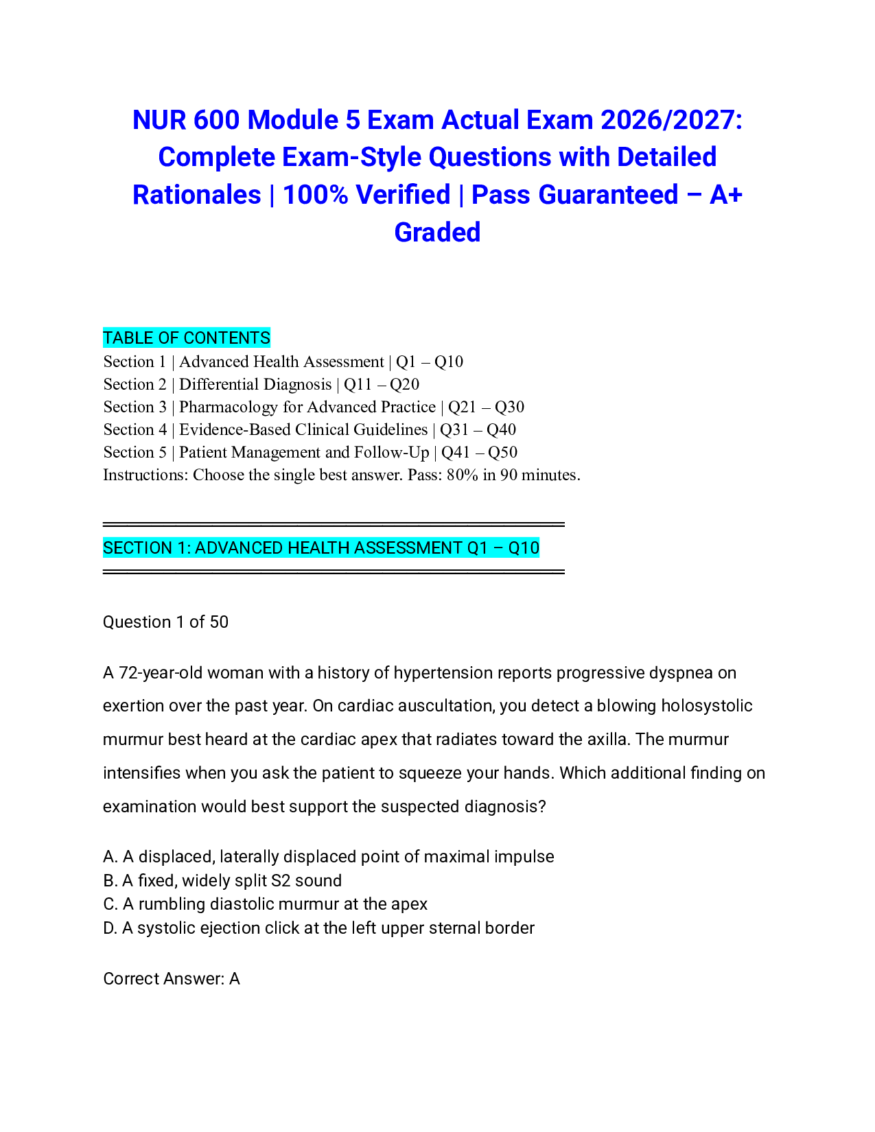 NUR 600 Module 5 Exam Actual Exam 2026/2027: Complete Exam-Style Questions with Detailed Rationales | 100% Verified | Pass Guaranteed – A+ Graded