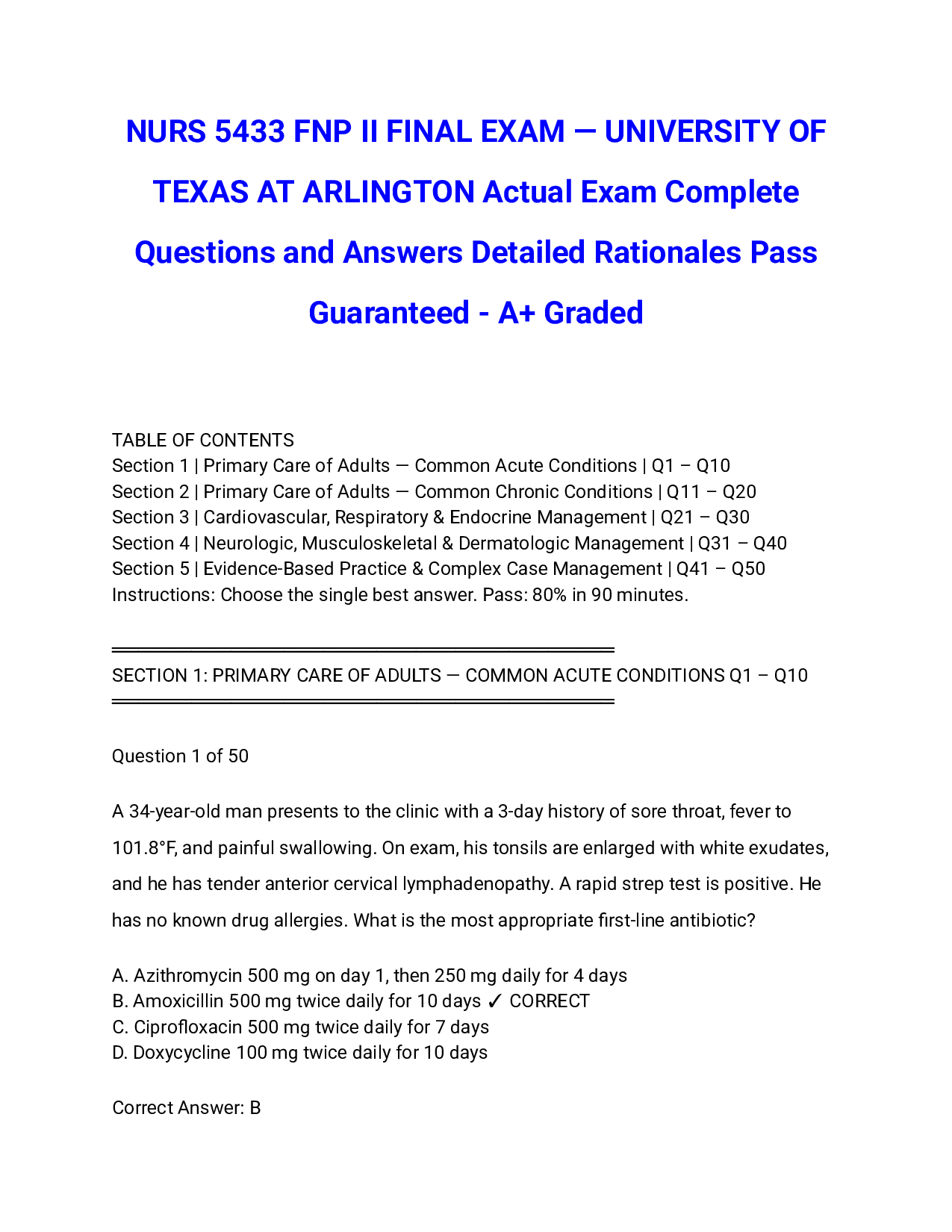 NURS 5433 FNP II FINAL EXAM — UNIVERSITY OF TEXAS AT ARLINGTON Actual Exam Complete Questions and Answers Detailed Rationales Pass Guaranteed - A+ Graded