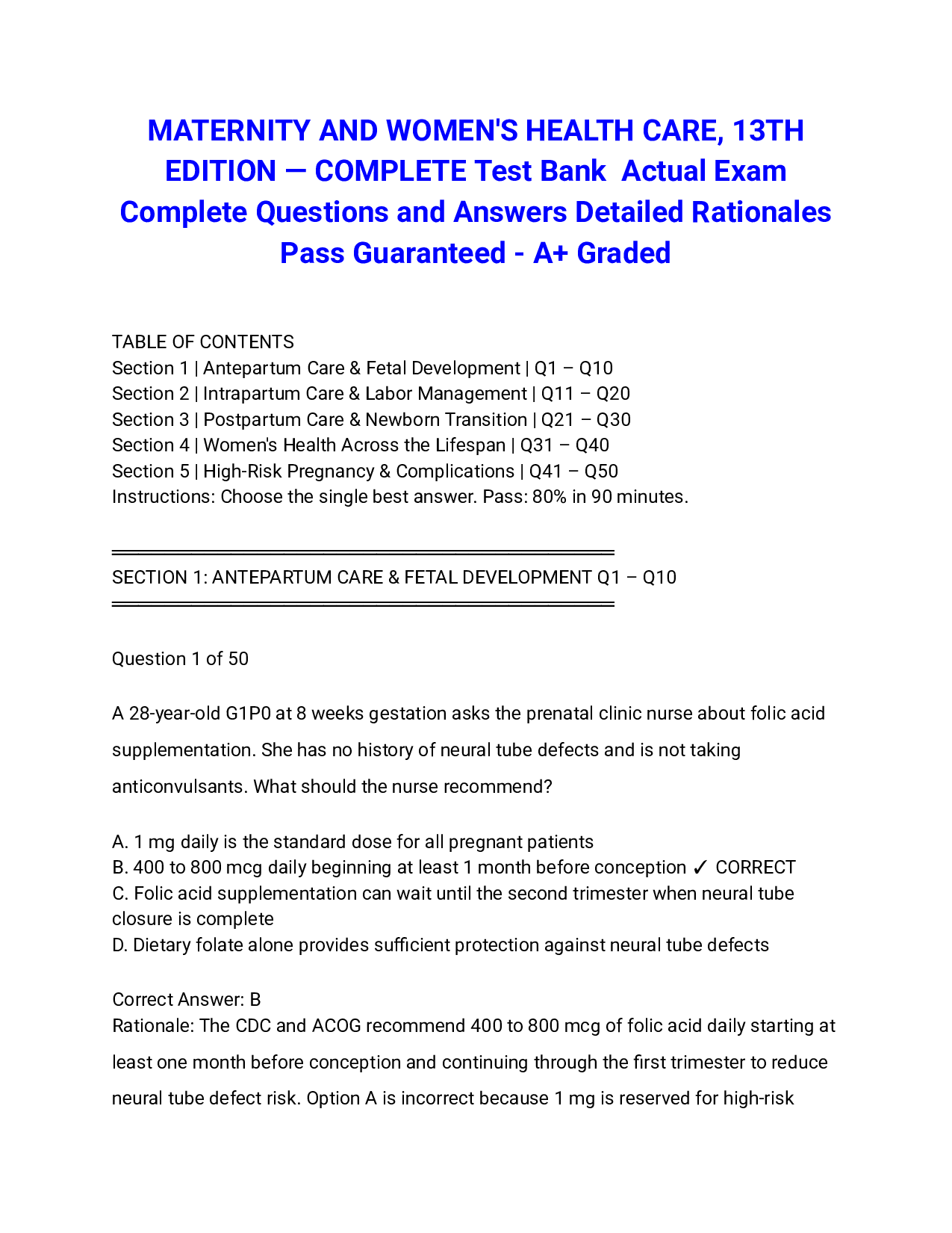 MATERNITY AND WOMEN'S HEALTH CARE, 13TH EDITION — COMPLETE Actual Exam Complete Questions and Answers Detailed Rationales Pass Guaranteed - A+ Graded