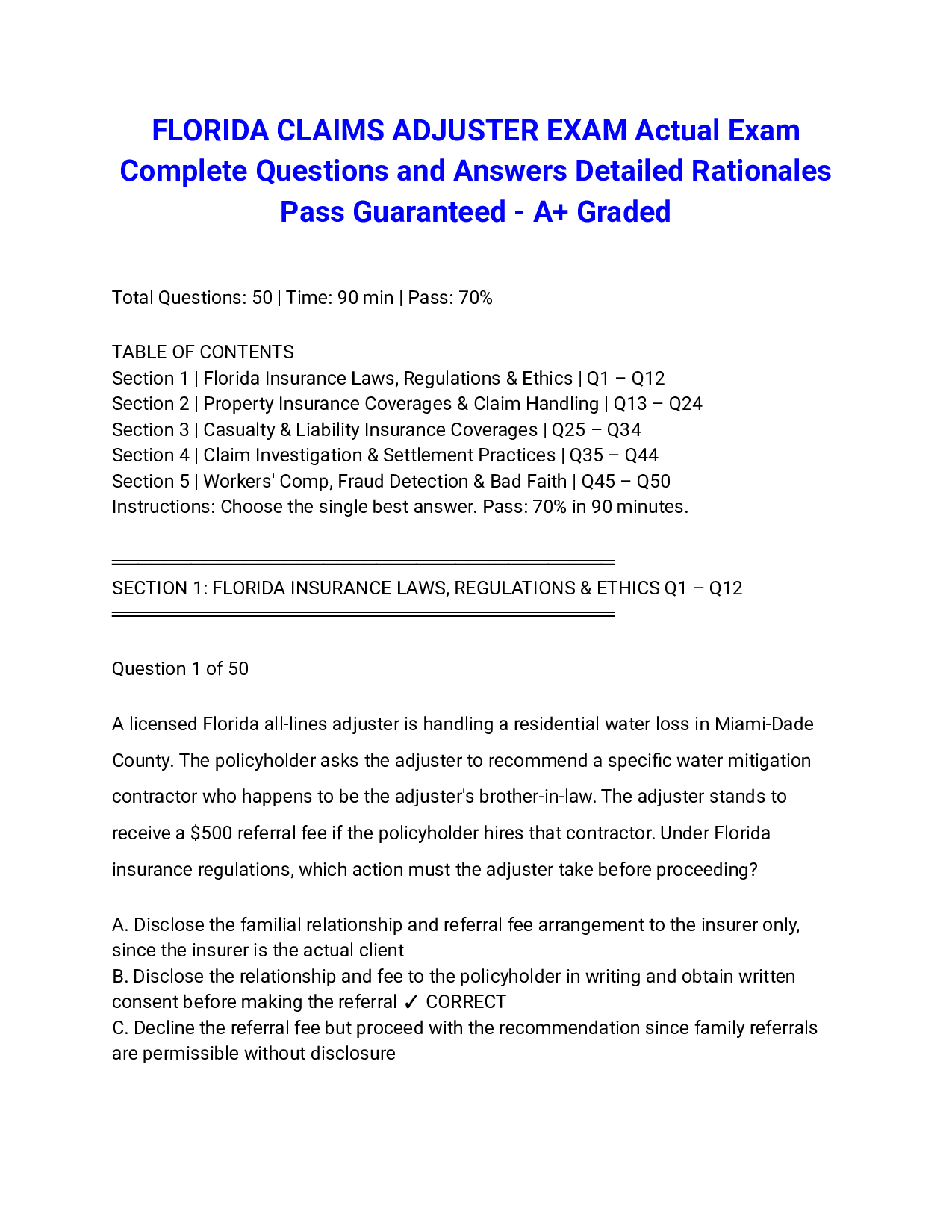 FLORIDA CLAIMS ADJUSTER EXAM Actual Exam Complete Questions and Answers Detailed Rationales Pass Guaranteed - A+ Graded